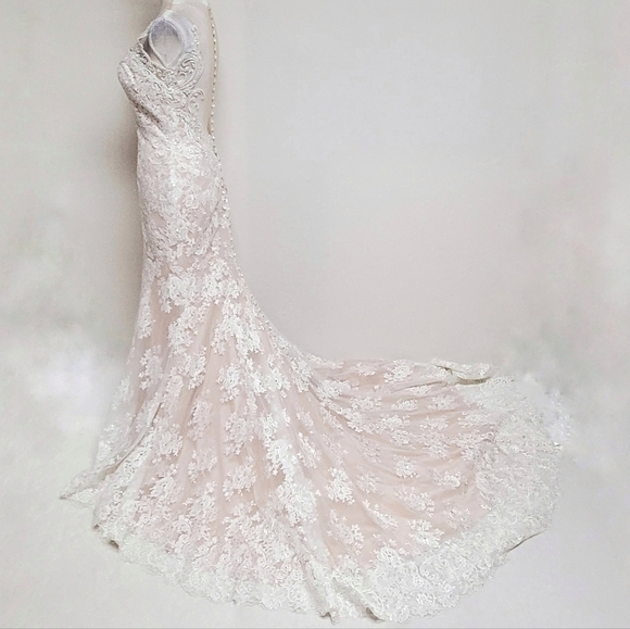 ALLURE Bridals 9363 Antique Ivory Illusion Lace Beaded Button Wedding Dress 8 - Picture 8 of 16